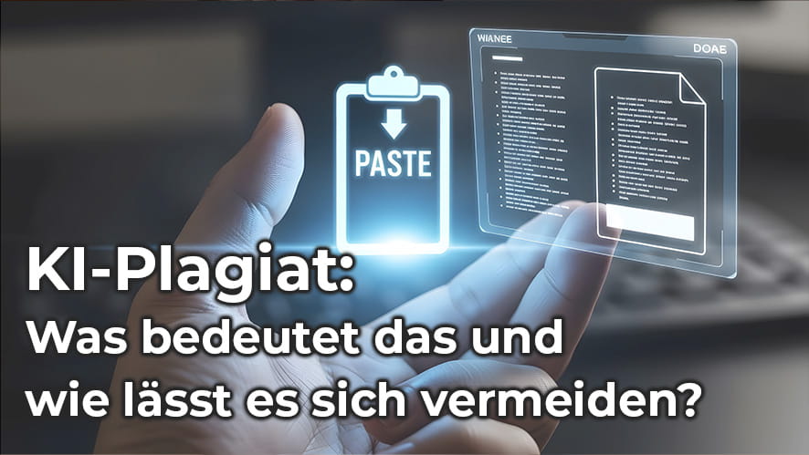 Hand mit digitalen Dokumenten und Einfügen-Symbol als Illustration zum Thema KI-Plagiat und dessen Vermeidung.